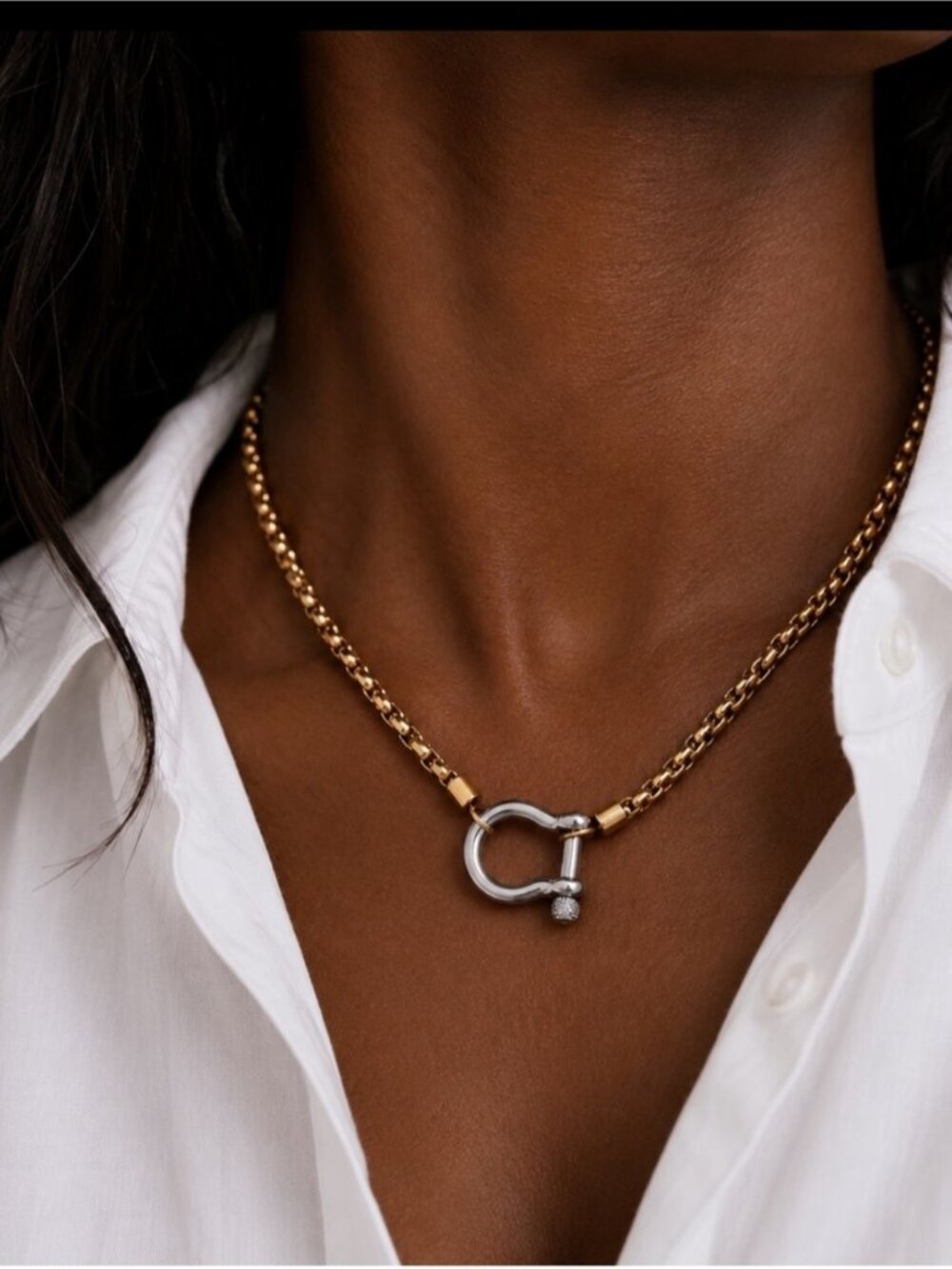 New! 18K Gold Plated Carabiner Mixed Metal Necklace (4011) NWOT